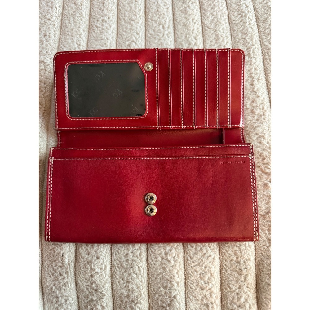 Kenneth Cole New York Red Leather Continental Trifold Wallet White Stitching - Picture 6 of 10